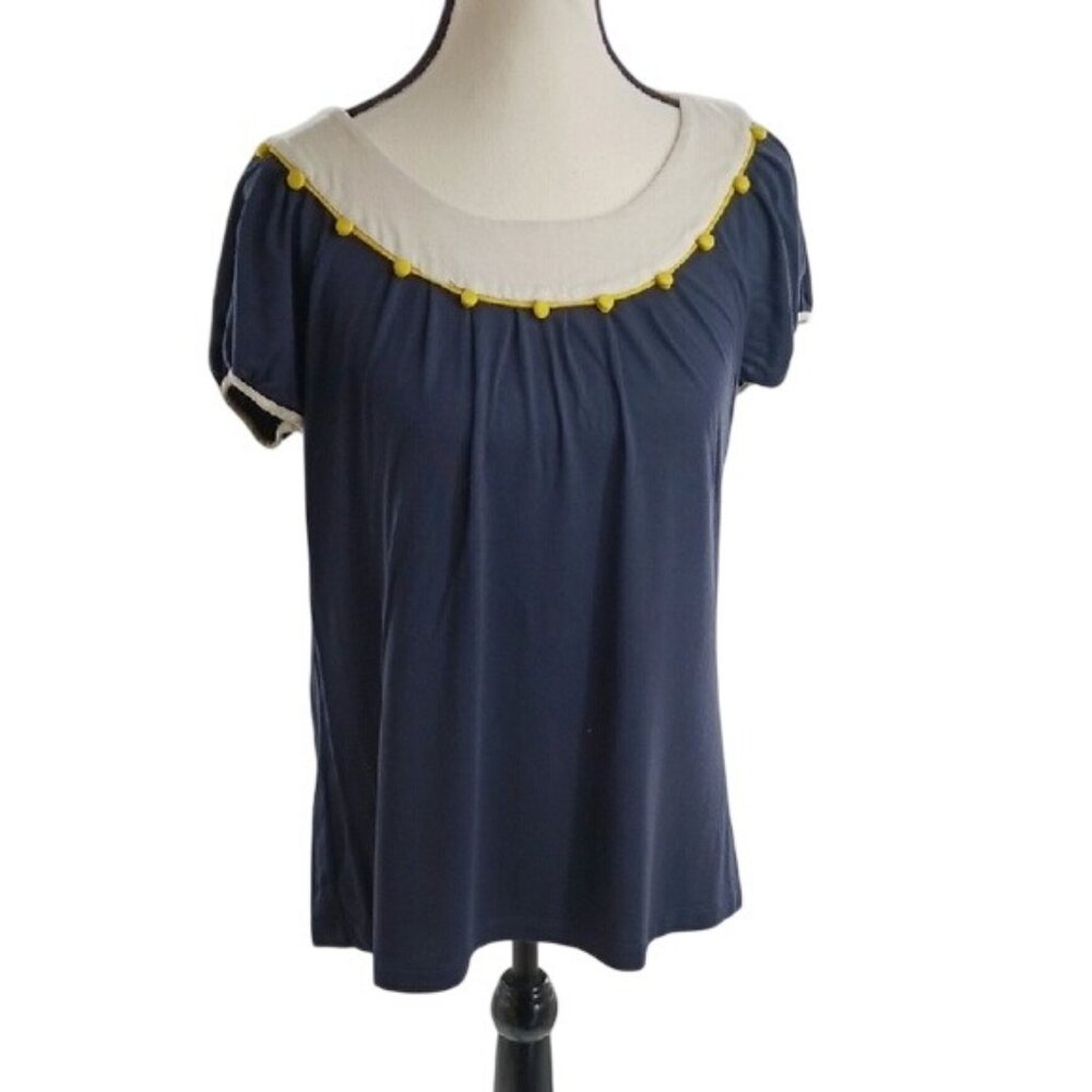 BCBGMaxAzria Blouse Blue Smocked Button Detail Short Sleeve Mid Century Size S
